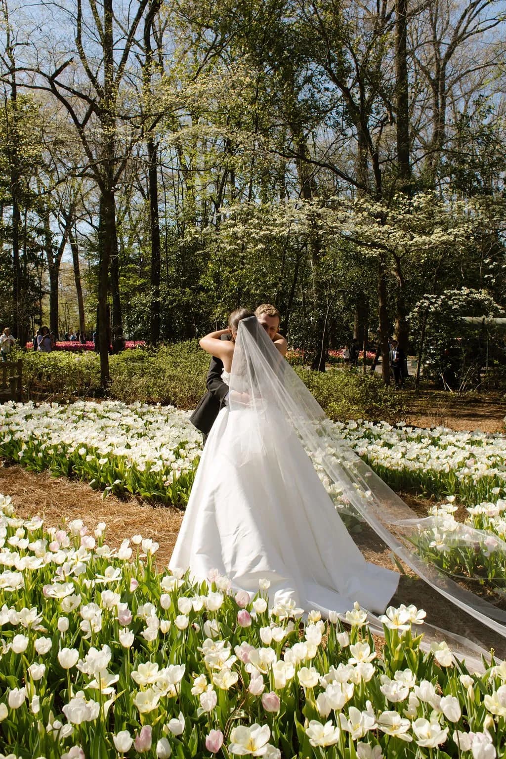 Sally and Noah walking through a field of tulips